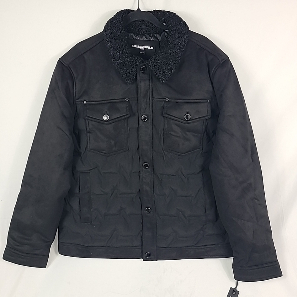 NEW KARL LAGERFELD Men's Quilted Sherpa Collar Trucker Jacket Black Sz XL